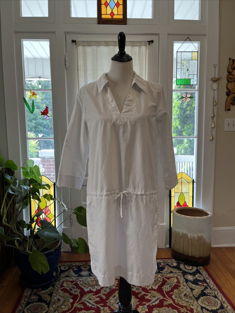 L.L. Bean Swim Cover Up Tunic Mini Dress XL Split Neck Roll Tab Sleeve White